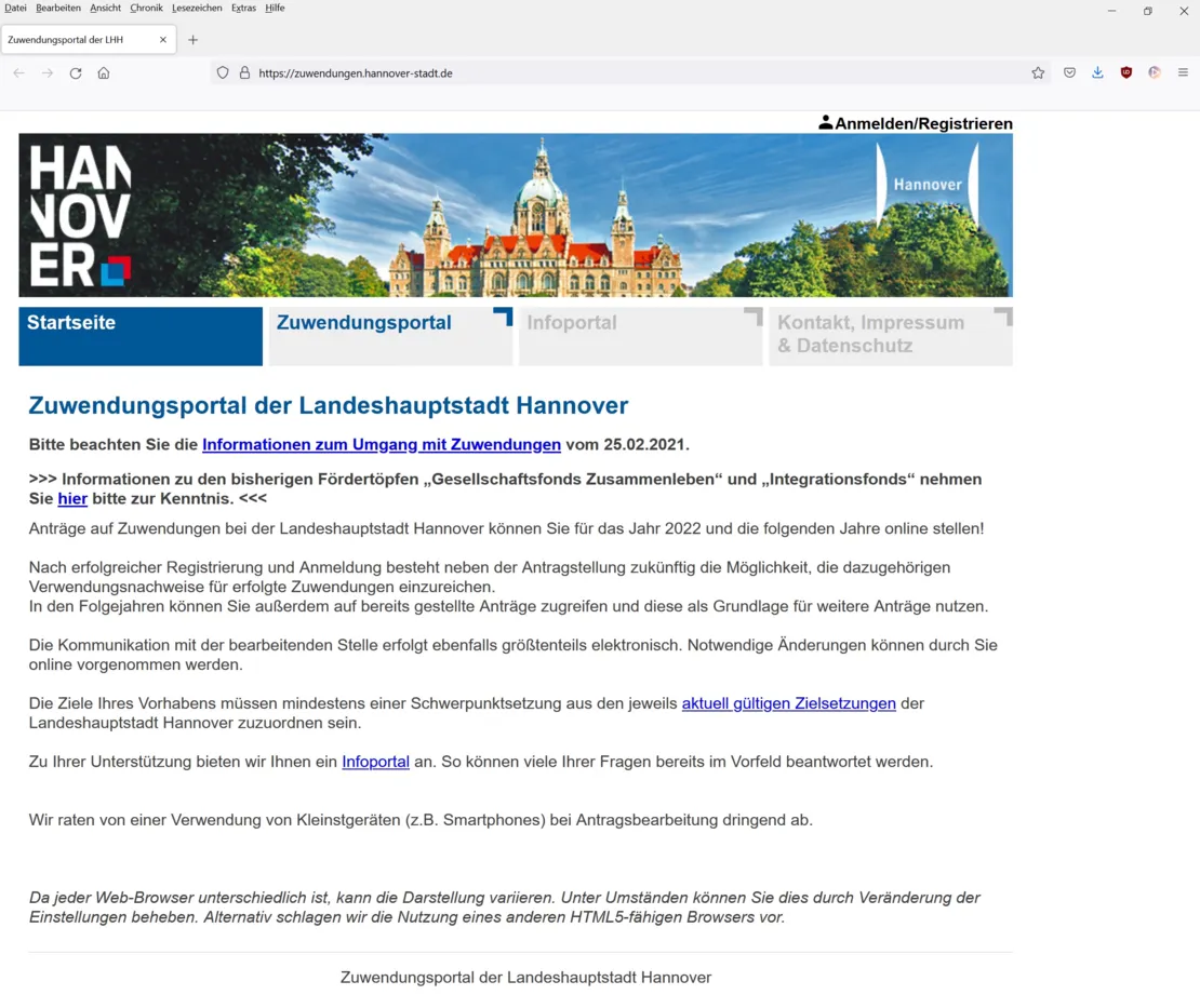 Zu sehen ist die in einem Browser ge&ouml;ffnete Startseite des Zuwendungsportals der Landeshauptstadt Hannover. Die url lautet https://zuwendungen.hannover-stadt.de